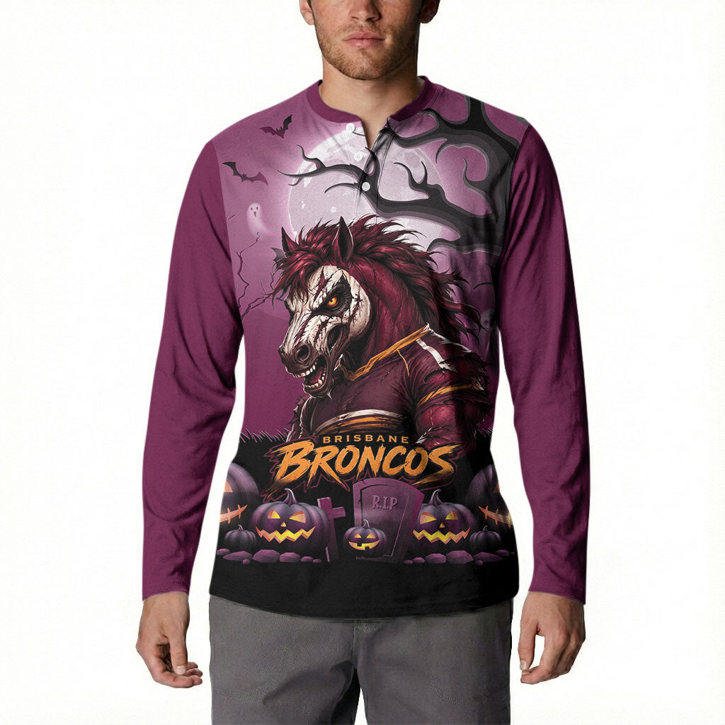 Custom Halloween Brisbane Broncos Button Sweatshirt Spooky Australia Mascot Rugby