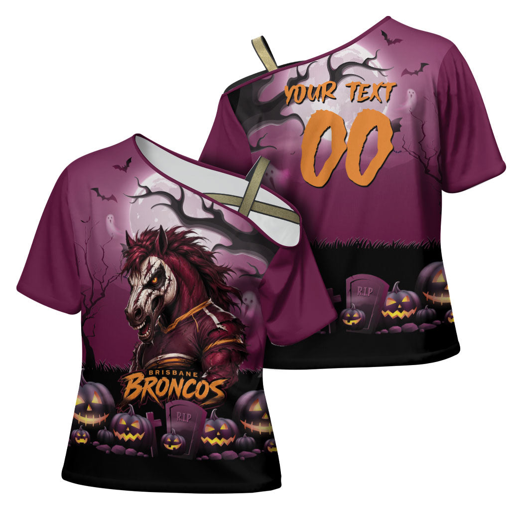 Custom Halloween Brisbane Broncos Cross Shoulder Shirt Spooky Australia Mascot Rugby