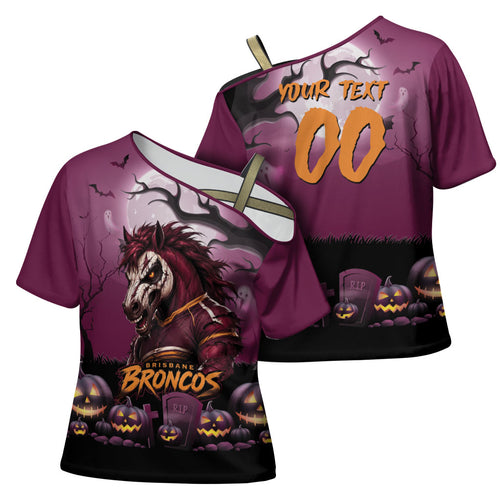 Custom Halloween Brisbane Broncos Cross Shoulder Shirt Spooky Australia Mascot Rugby