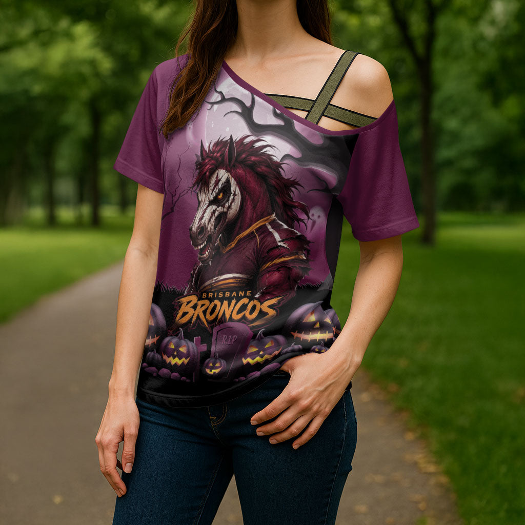 Custom Halloween Brisbane Broncos Cross Shoulder Shirt Spooky Australia Mascot Rugby
