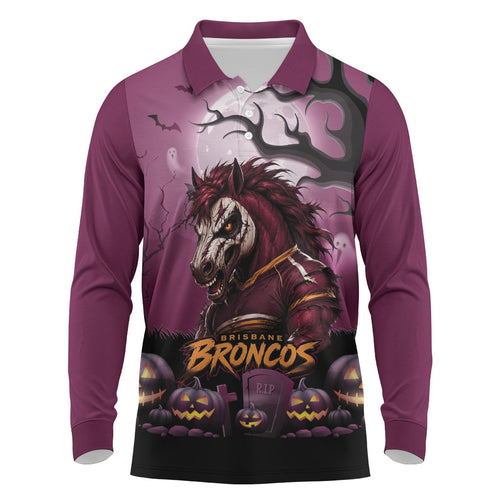 Custom Halloween Brisbane Broncos Long Sleeve Polo Shirt Spooky Australia Mascot Rugby