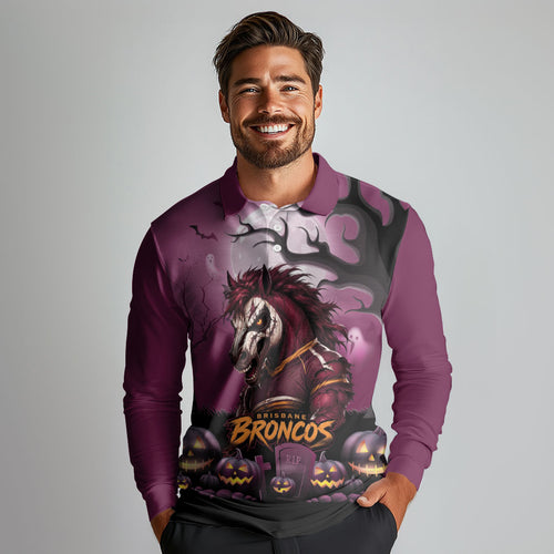 Custom Halloween Brisbane Broncos Long Sleeve Polo Shirt Spooky Australia Mascot Rugby