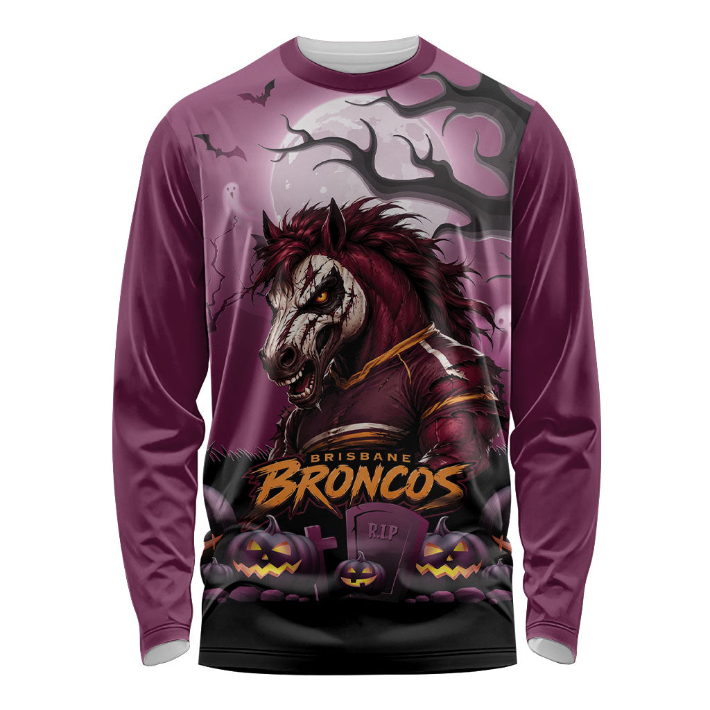 Custom Halloween Brisbane Broncos Long Sleeve Shirt Spooky Australia Mascot Rugby