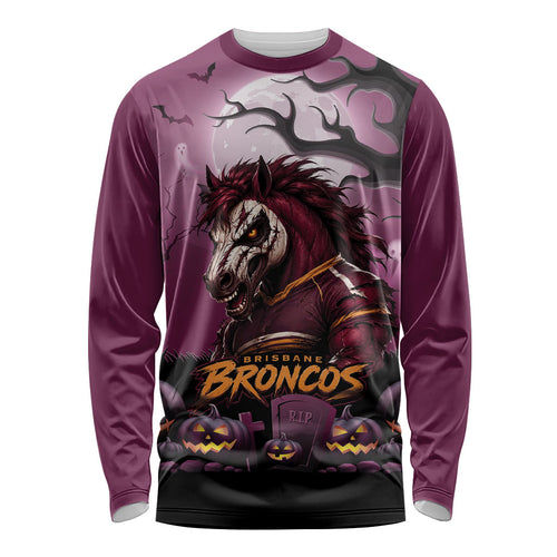 Custom Halloween Brisbane Broncos Long Sleeve Shirt Spooky Australia Mascot Rugby