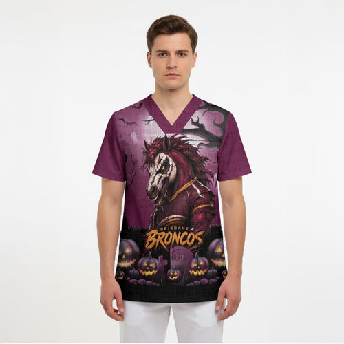 Custom Halloween Brisbane Broncos Scrub Top Spooky Australia Mascot Rugby