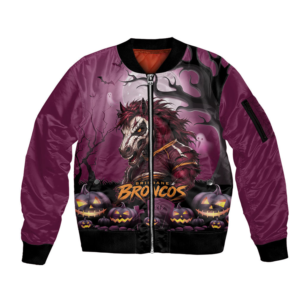 Custom Halloween Brisbane Broncos Sleeve Zip Bomber Jacket Spooky Australia Mascot Rugby