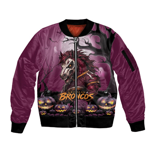 Custom Halloween Brisbane Broncos Sleeve Zip Bomber Jacket Spooky Australia Mascot Rugby
