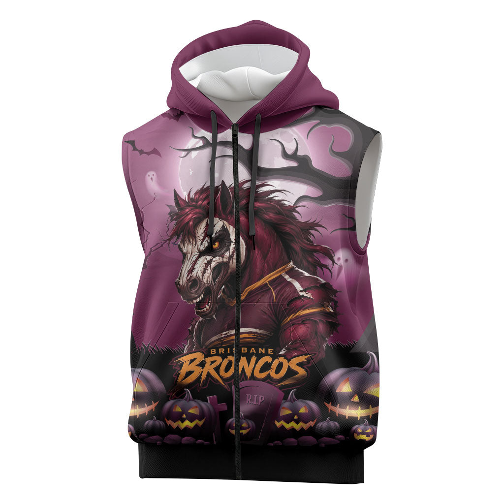 Custom Halloween Brisbane Broncos Sleeveless Zip Hoodie Spooky Australia Mascot Rugby