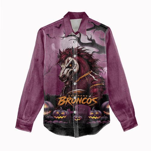 Custom Halloween Brisbane Broncos Women Casual Shirt Spooky Australia Mascot Rugby