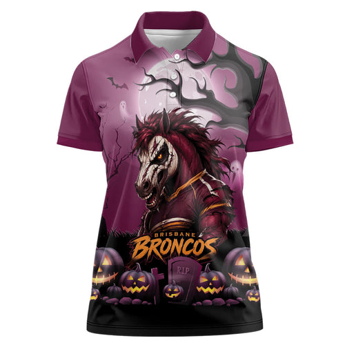Custom Halloween Brisbane Broncos Women Polo Shirt Spooky Australia Mascot Rugby