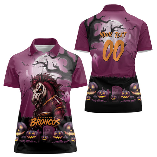 Custom Halloween Brisbane Broncos Women Polo Shirt Spooky Australia Mascot Rugby