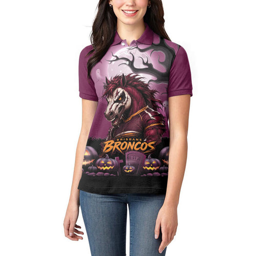 Custom Halloween Brisbane Broncos Women Polo Shirt Spooky Australia Mascot Rugby