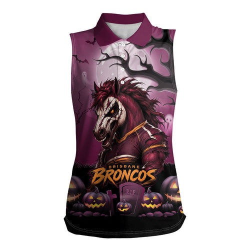 Custom Halloween Brisbane Broncos Women Sleeveless Polo Shirt Spooky Australia Mascot Rugby