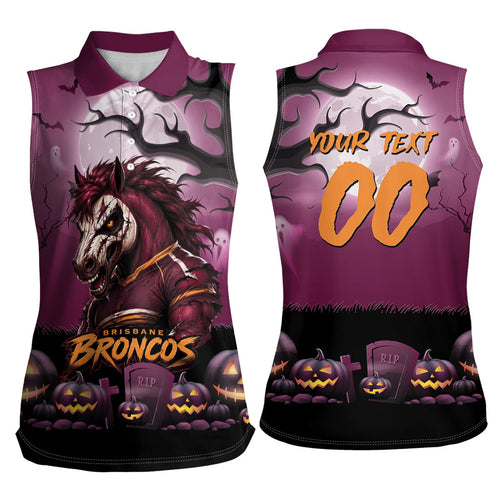 Custom Halloween Brisbane Broncos Women Sleeveless Polo Shirt Spooky Australia Mascot Rugby