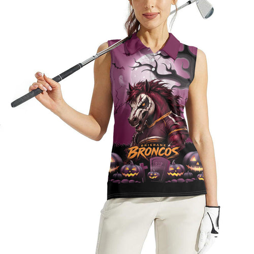 Custom Halloween Brisbane Broncos Women Sleeveless Polo Shirt Spooky Australia Mascot Rugby