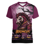 Custom Halloween Brisbane Broncos Women V-Neck T-Shirt Spooky Australia Mascot Rugby