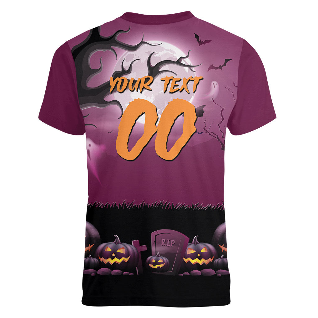 Custom Halloween Brisbane Broncos Women V-Neck T-Shirt Spooky Australia Mascot Rugby