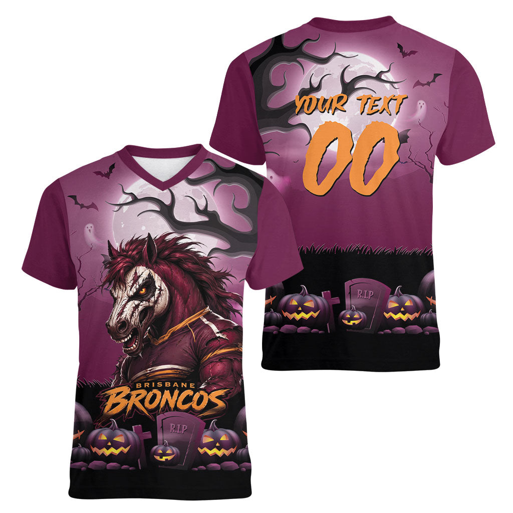 Custom Halloween Brisbane Broncos Women V-Neck T-Shirt Spooky Australia Mascot Rugby