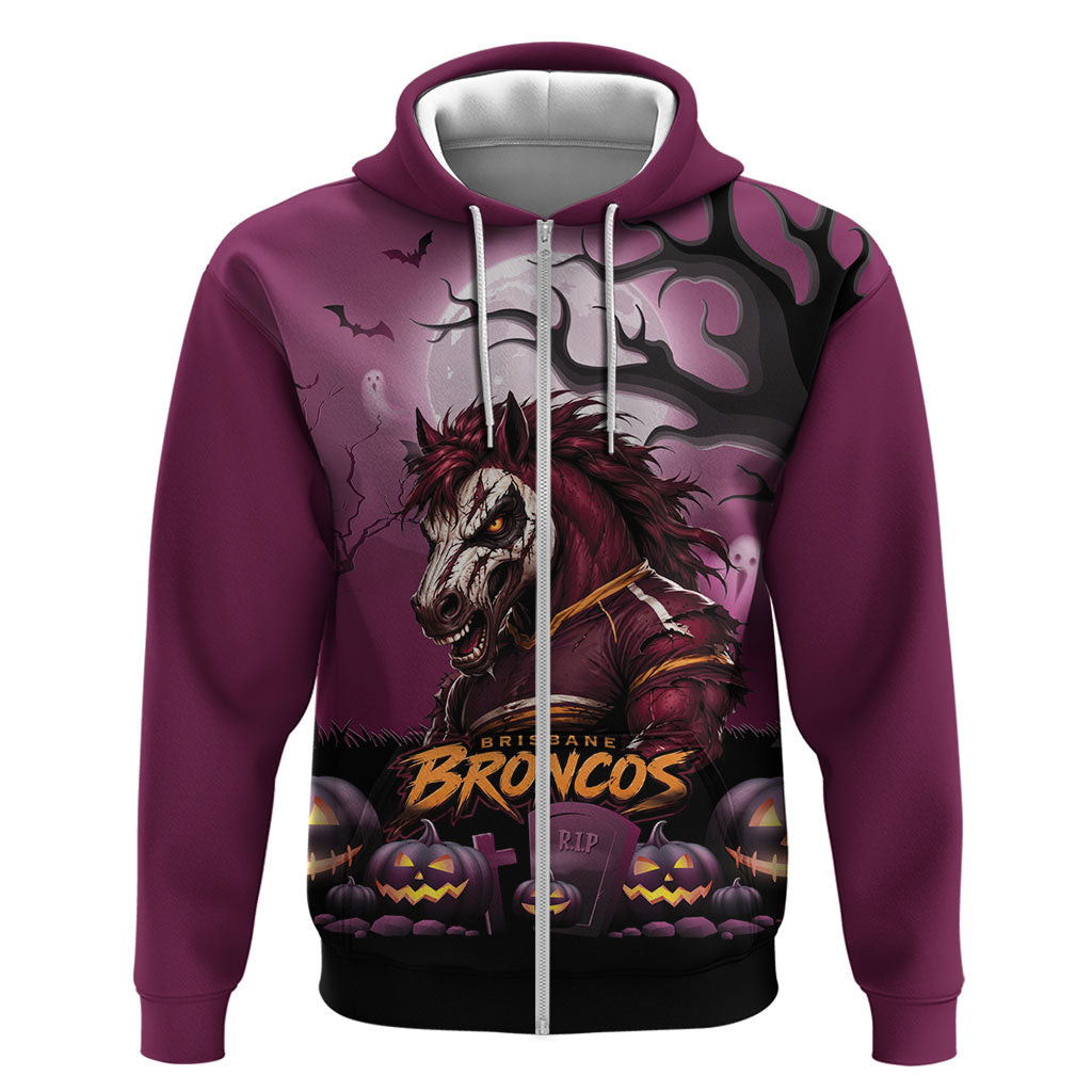 Custom Halloween Brisbane Broncos Zip Hoodie Spooky Australia Mascot Rugby