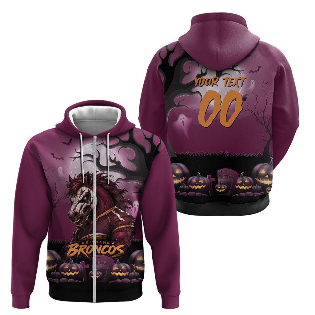 Custom Halloween Brisbane Broncos Zip Hoodie Spooky Australia Mascot Rugby