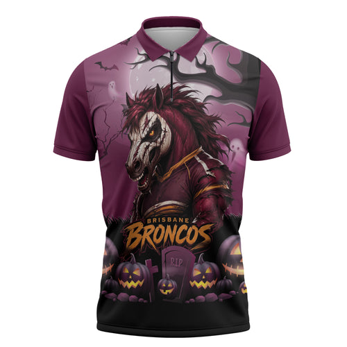 Custom Halloween Brisbane Broncos Zipper Polo Shirt Spooky Australia Mascot Rugby