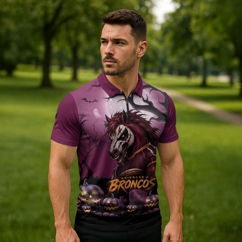 Custom Halloween Brisbane Broncos Zipper Polo Shirt Spooky Australia Mascot Rugby
