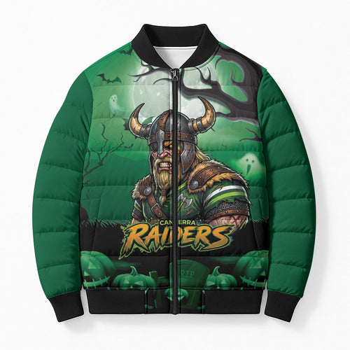 Custom Halloween Canberra Raiders Bomber Puffer Jacket Spooky Australia Mascot Rugby