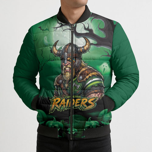 Custom Halloween Canberra Raiders Bomber Puffer Jacket Spooky Australia Mascot Rugby