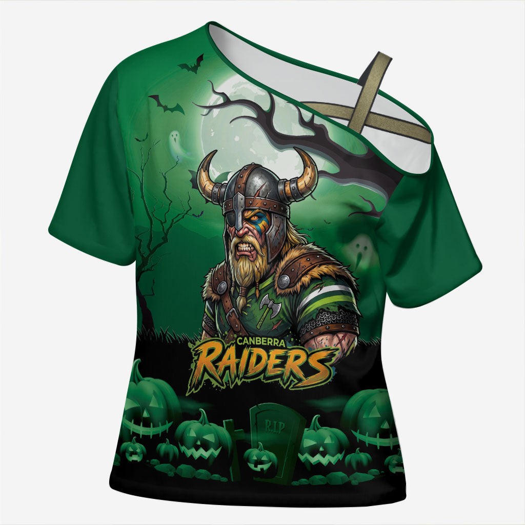 Custom Halloween Canberra Raiders Cross Shoulder Shirt Spooky Australia Mascot Rugby