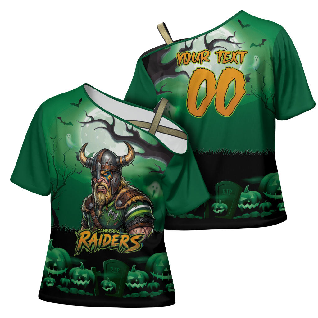 Custom Halloween Canberra Raiders Cross Shoulder Shirt Spooky Australia Mascot Rugby