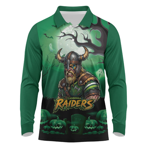 Custom Halloween Canberra Raiders Long Sleeve Polo Shirt Spooky Australia Mascot Rugby