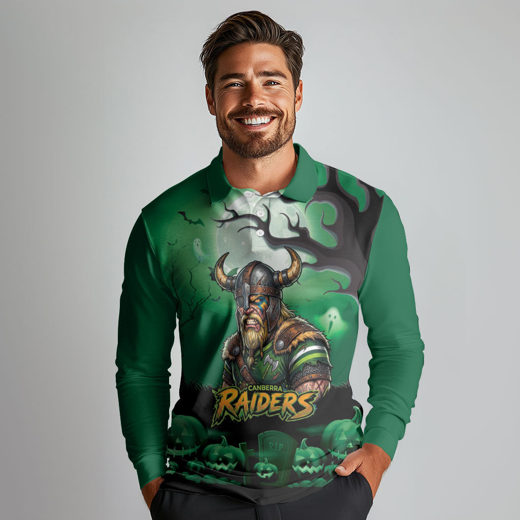 Custom Halloween Canberra Raiders Long Sleeve Polo Shirt Spooky Australia Mascot Rugby