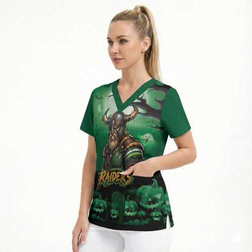 Custom Halloween Canberra Raiders Scrub Top Spooky Australia Mascot Rugby