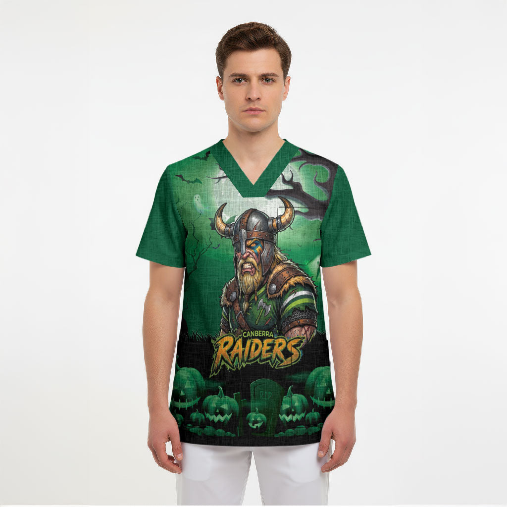 Custom Halloween Canberra Raiders Scrub Top Spooky Australia Mascot Rugby