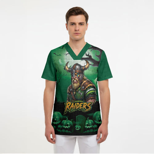 Custom Halloween Canberra Raiders Scrub Top Spooky Australia Mascot Rugby