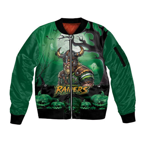 Custom Halloween Canberra Raiders Sleeve Zip Bomber Jacket Spooky Australia Mascot Rugby