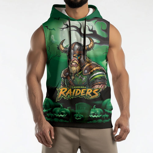 Custom Halloween Canberra Raiders Sleeveless Hoodie Spooky Australia Mascot Rugby