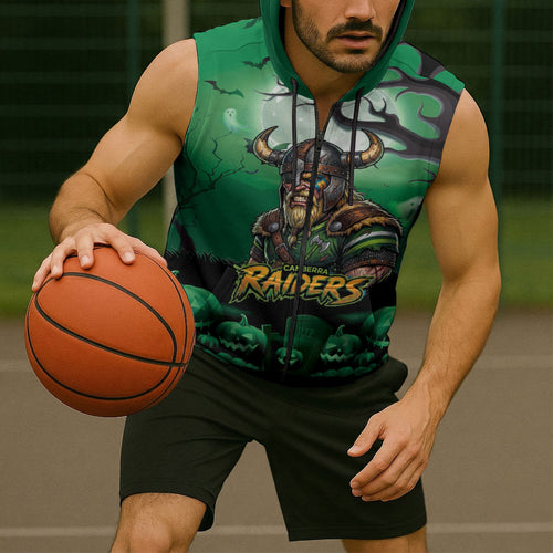 Custom Halloween Canberra Raiders Sleeveless Zip Hoodie Spooky Australia Mascot Rugby