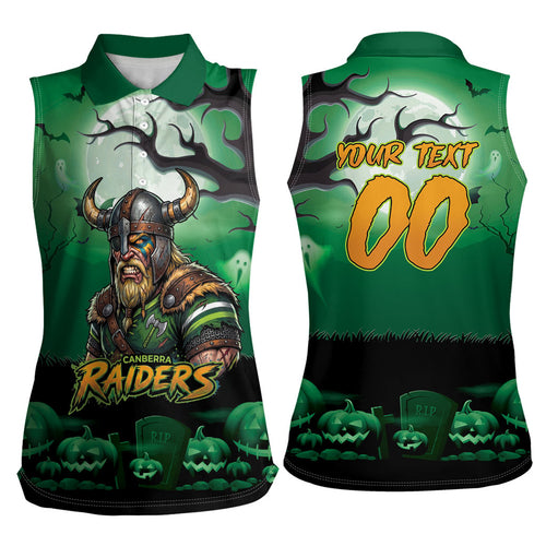 Custom Halloween Canberra Raiders Women Sleeveless Polo Shirt Spooky Australia Mascot Rugby