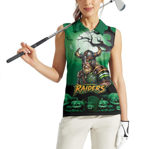 Custom Halloween Canberra Raiders Women Sleeveless Polo Shirt Spooky Australia Mascot Rugby
