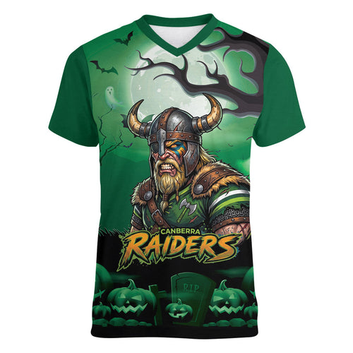 Custom Halloween Canberra Raiders Women V-Neck T-Shirt Spooky Australia Mascot Rugby