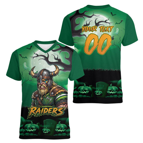 Custom Halloween Canberra Raiders Women V-Neck T-Shirt Spooky Australia Mascot Rugby