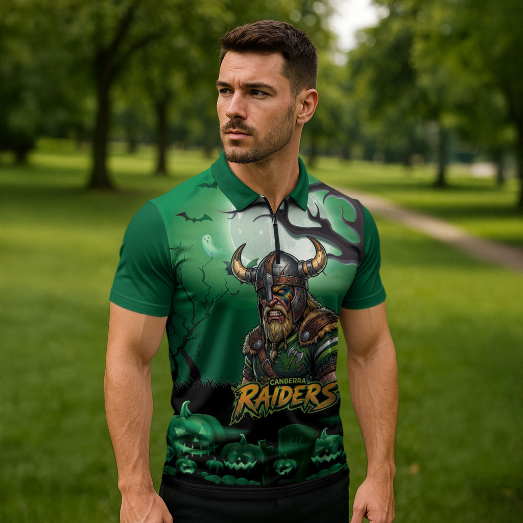 Custom Halloween Canberra Raiders Zipper Polo Shirt Spooky Australia Mascot Rugby