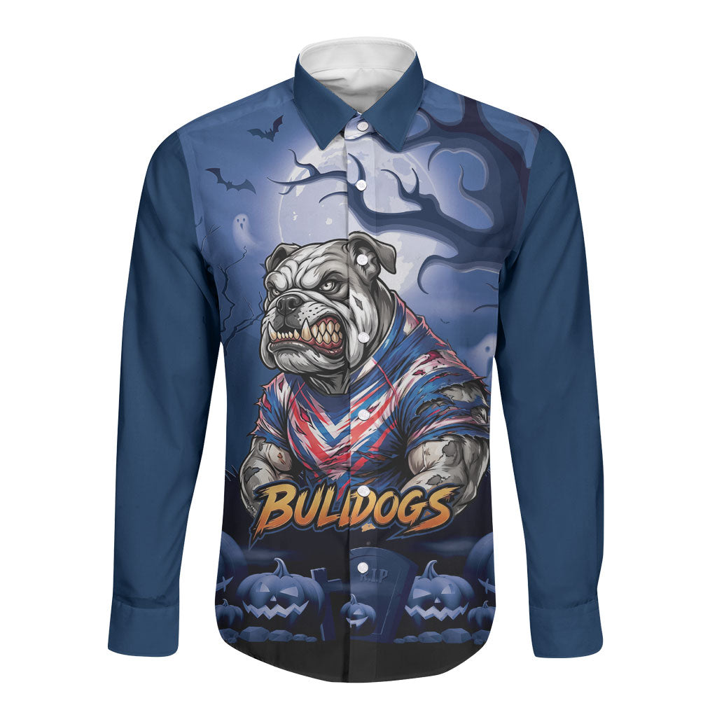 Custom Halloween Canterbury-Bankstown Bulldogs Long Sleeve Button Shirt Spooky Australia Mascot Rugby