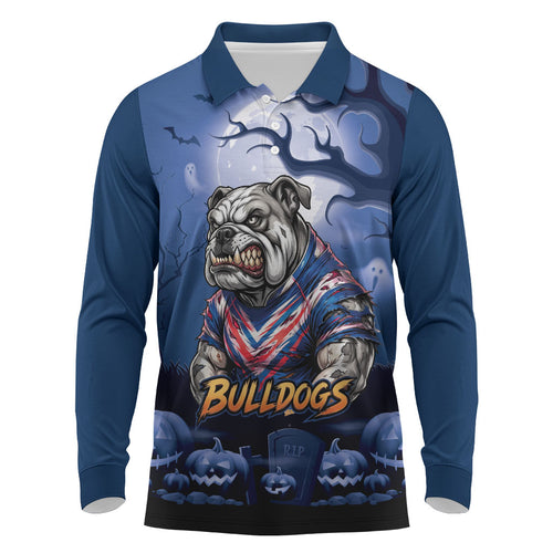 Custom Halloween Canterbury-Bankstown Bulldogs Long Sleeve Polo Shirt Spooky Australia Mascot Rugby