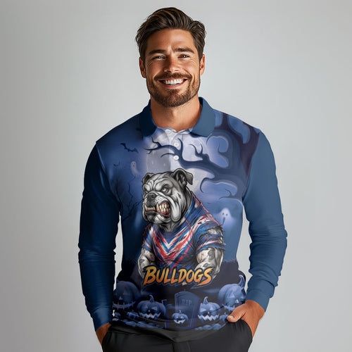 Custom Halloween Canterbury-Bankstown Bulldogs Long Sleeve Polo Shirt Spooky Australia Mascot Rugby