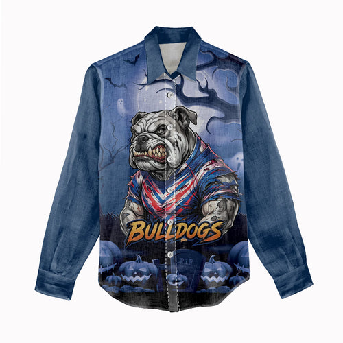 Custom Halloween Canterbury-Bankstown Bulldogs Women Casual Shirt Spooky Australia Mascot Rugby