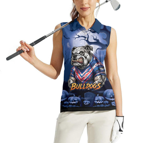 Custom Halloween Canterbury-Bankstown Bulldogs Women Sleeveless Polo Shirt Spooky Australia Mascot Rugby