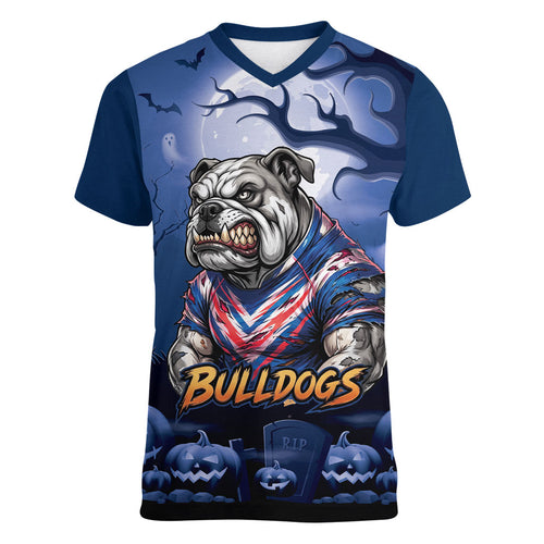 Custom Halloween Canterbury-Bankstown Bulldogs Women V-Neck T-Shirt Spooky Australia Mascot Rugby