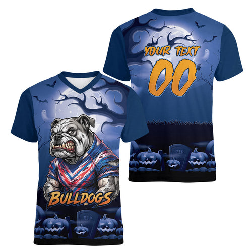 Custom Halloween Canterbury-Bankstown Bulldogs Women V-Neck T-Shirt Spooky Australia Mascot Rugby